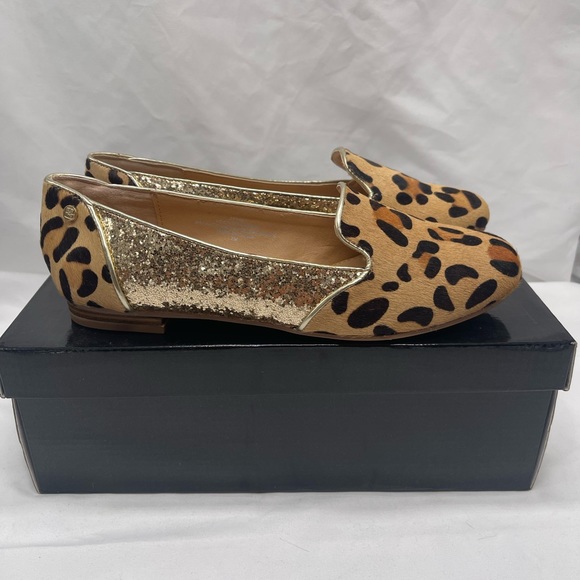 IMAN NWB 7 Calf Hair Gold Glitter Leopard Cheetah Animal Flats Shoes Loafer - Picture 3 of 7